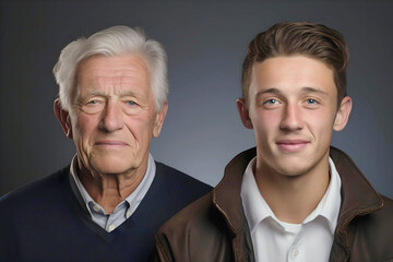 Portrait of two men on a gray background, a son and his elderly father, grandfather and grandson on a gray background, past and future, continuity