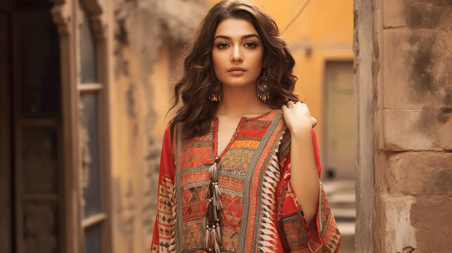 A woman wearing kurti with intricate floral embroidery, elegant and cultural