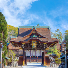 Fototapeta premium Kyoto, Japan - March 29 2023: Kitano Tenmangu Shrine is one of the most important of several hundred shrines across Japan dedicated to Sugawara Michizane, a scholar and politician