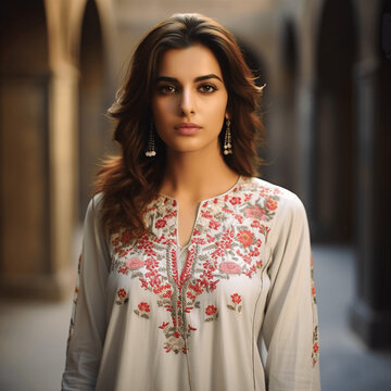 A woman wearing kurti with intricate floral embroidery, elegant and cultural