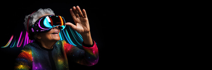 senior woman wearing virtual reality headset neon pink and blue colors horizontal website banner copy space right. Grandma in VR glasses. Augmented reality universe and futurist technology concept.
