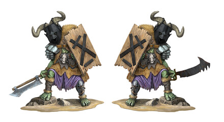 Fantasy creature - orc. Fantasy illustration. Goblin with sword drawing.