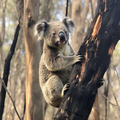 A koala climbing up a charred eucalyptus tree

