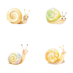 set of cute snail watercolor illustrations for printing on baby clothes, sticker, postcards, baby showers, games and books, safari jungle animals vector