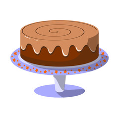 Chocolate cake with birthday cream on a round plate on a leg. Vector illustration on a white background.