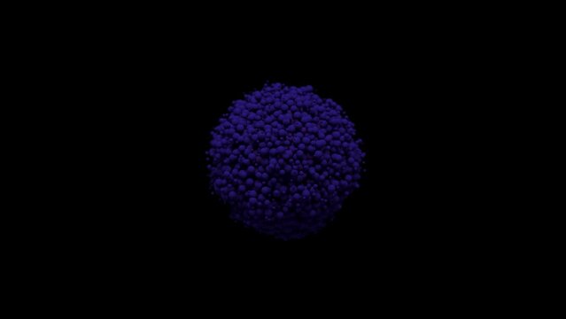 3D violet sphere made up of small balls, that grow and change color, turns into vibrant beautiful abstract shape. Organic chemistry, microbiology and science concept. Slow motion abstract animation.