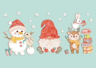 Santa, Snowman, deer. Printable Christmas card. Merry Christmas digital greeting card. Happy New year card. Christmas wall art print. Holiday decor.