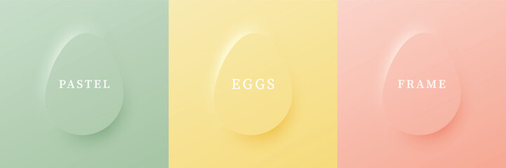 Set of abstract 3D eggs shape frames design. Elements for festival day design. Collection of geometric oval for product display or text space. Top view. Vector illustration
