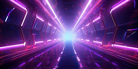 AI Generated. AI Generative. Futuristic abstract space neon glowing light rays tunnel. Space sci fi decoration background. Can be used for game concept