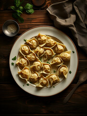 Top view of fresh cooked tortellini ravioli on white plate, wooden table