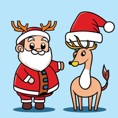 Santa and Reindeer as Gift Givers for Kids on Christmas. Vector