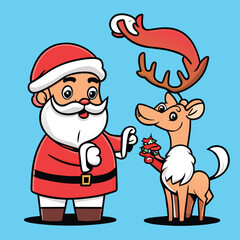 Santa and Reindeer as Gift Givers for Kids on Christmas. Vector