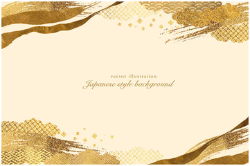 ゴールドの筆のラインと和柄の雲模様の背景