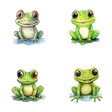 set of cute frog watercolor illustrations for printing on baby clothes, sticker, postcards, baby showers, games and books, safari jungle animals vector