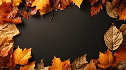Autumn background template with 3d illustration yellow leaves dark background