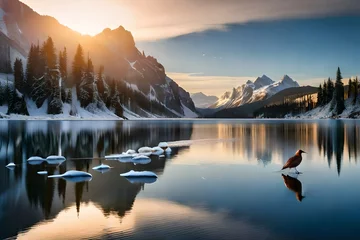 Fototapeten Sunrise in the mountains in the lake with beautiful water and ice blocks © Photographer