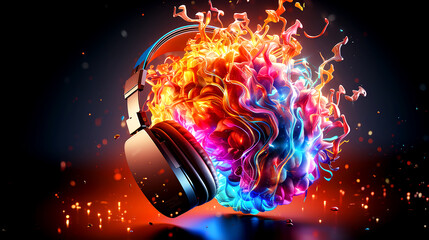 Colorful Brain wearing headphones that represent the power of creative music - obrazy, fototapety, plakaty