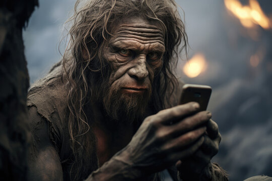 wildman caveman holding mobile phone, smartphone, technology development concept