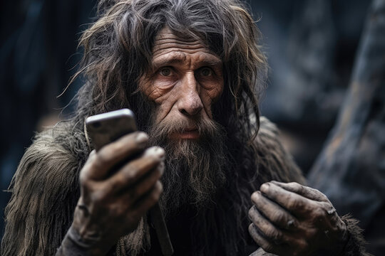 wildman caveman holding mobile phone, smartphone, technology development concept