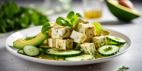 Fresh vegan salad with tofu, avocado and cucumbers on white plate