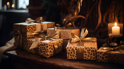 Fototapeta na wymiar cajas de regalo envuelto con papel leopardo