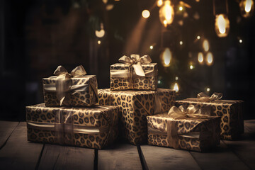 Fototapeta premium cajas de regalo envuelto con papel leopardo