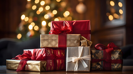 cajas de regalo variadas rojas y doradas de navidad.