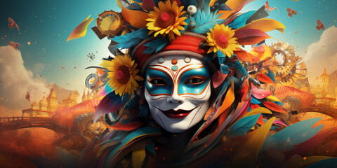 Woman in carnival mask with flowers.