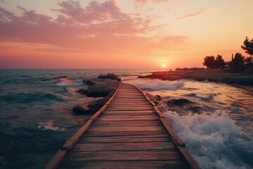 Wooden pier on ocean or sea at sunset, perspective view