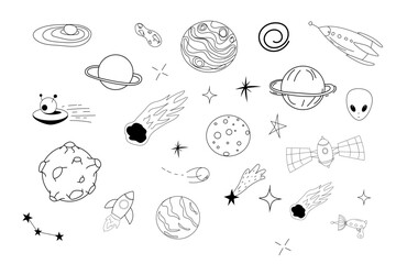 Set space elements ufo spaceship, rocket, satellite, stars and planets in doodle style isolated. Hand drawn collection 