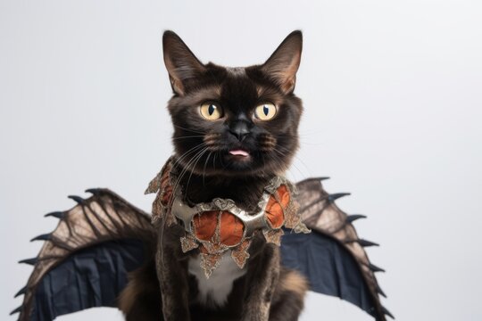 javanese cat wearing a dragon wings harness against a pearl white background
