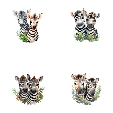 set of cute zebras watercolor illustrations for printing on baby clothes, sticker, postcards, baby showers, games and books, safari jungle animals vector