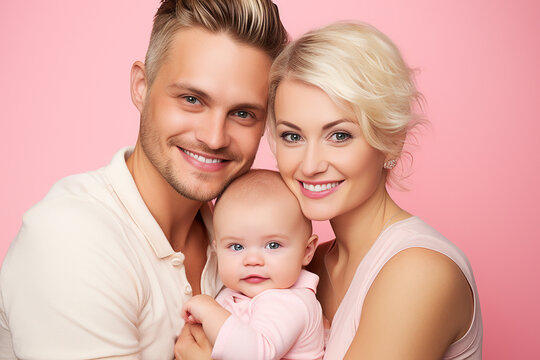 Studio portrait of beautiful parents with infant baby holding on hands on different colours background