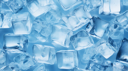Ice cubes bluish background. Frozen water. Cold fresh concept. Generative AI