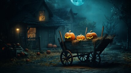 pumpkin is sitting in a wheelbarrow by a house on Halloween - obrazy, fototapety, plakaty