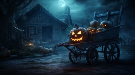 pumpkin is sitting in a wheelbarrow by a house on Halloween - obrazy, fototapety, plakaty