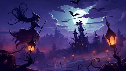 Witches flying on broom infront of a large swamp village on halloween