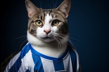 javanese cat wearing a football jersey against a metallic silver background