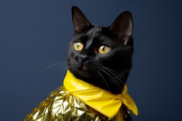 bombay cat wearing a pineapple costume against a metallic silver background