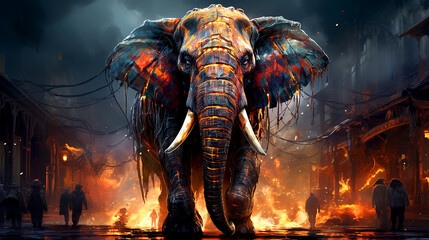 A mechanized elephant crafted from an array of gears advances gracefully against a luminous backdrop