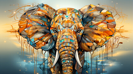 Against a backdrop of brilliant light, an abstract modern-tech African elephant walks with pride