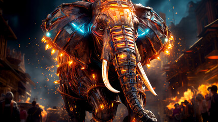 An intricate mechanical elephant, composed of gears and cogs, advances over an illuminated backdrop