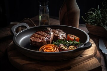 Fototapeta premium Grilled steak with vegetables on a pan. Modern style restaurant menu.