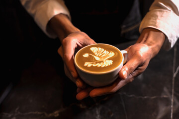 Close up coffee barista hands holding cup of latte art with decoration