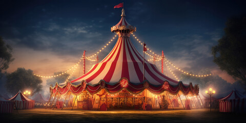 3D Rendering Of A Circus Tent A Circus Tent With Beautiful Lighting In The Background Designed For A Captivating Visual . Сoncept D Rendering, Circus Tent Design, Beautiful Lighting - obrazy, fototapety, plakaty