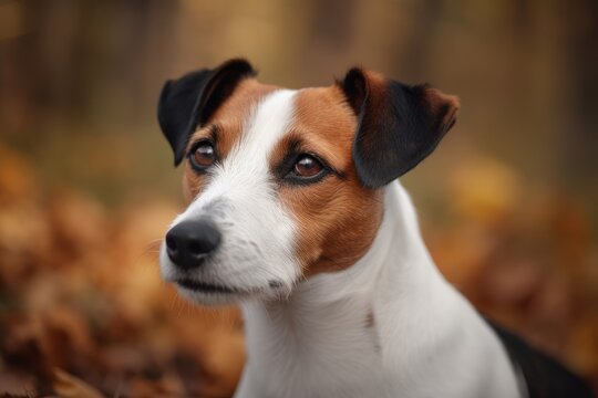 A friendly brown and white dog making eye contact with the camera