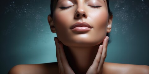 A Beauty Portrait Of A Beautiful Spa Woman Touching Her Face Reflecting The Tranquility And Rejuvenation Of Spa Treatments . Сoncept Relaxation, Spa Treatments, Skin Care, Positive Selfimage