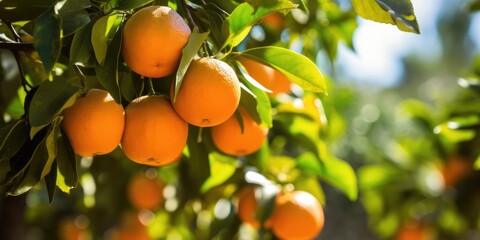 A Bunch Of Ripe Oranges Hanging On A Tree In An Orange Garden In Spain Showcasing The Beauty Of Fresh Produce . Сoncept Spanish Orange Gardens, The Beauty Of Fresh Produce, Ripe Oranges Growing - Powered by Adobe