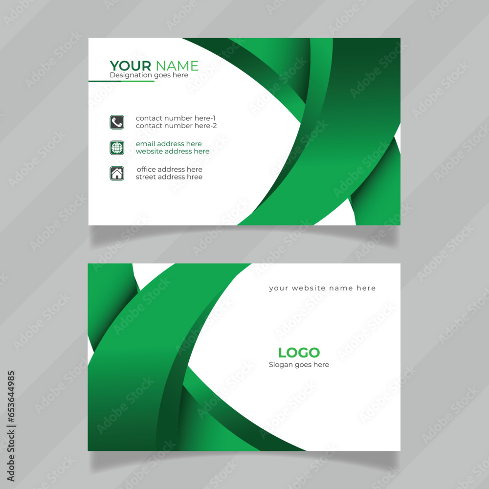 Poster creative business card design with 3d shape concept. green and white color personal information card