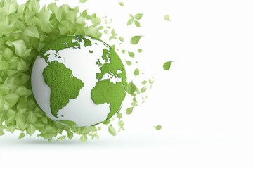 A green globe surrounded by leaves on a white background